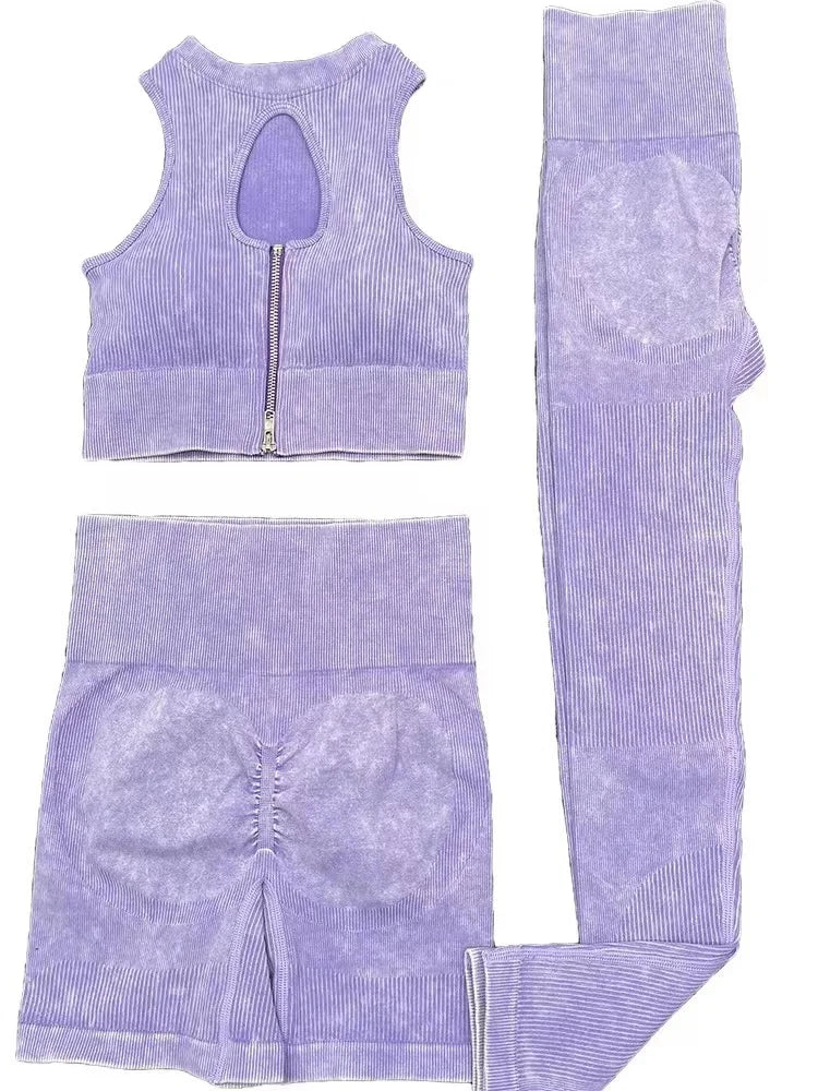 2PCS Seamless Frosted Yoga Sets Sports Fitness Beauty Back Bra High Waist Hip-lifting Leggings Suits Gym Shorts Sets for Women 3PCS Light purple