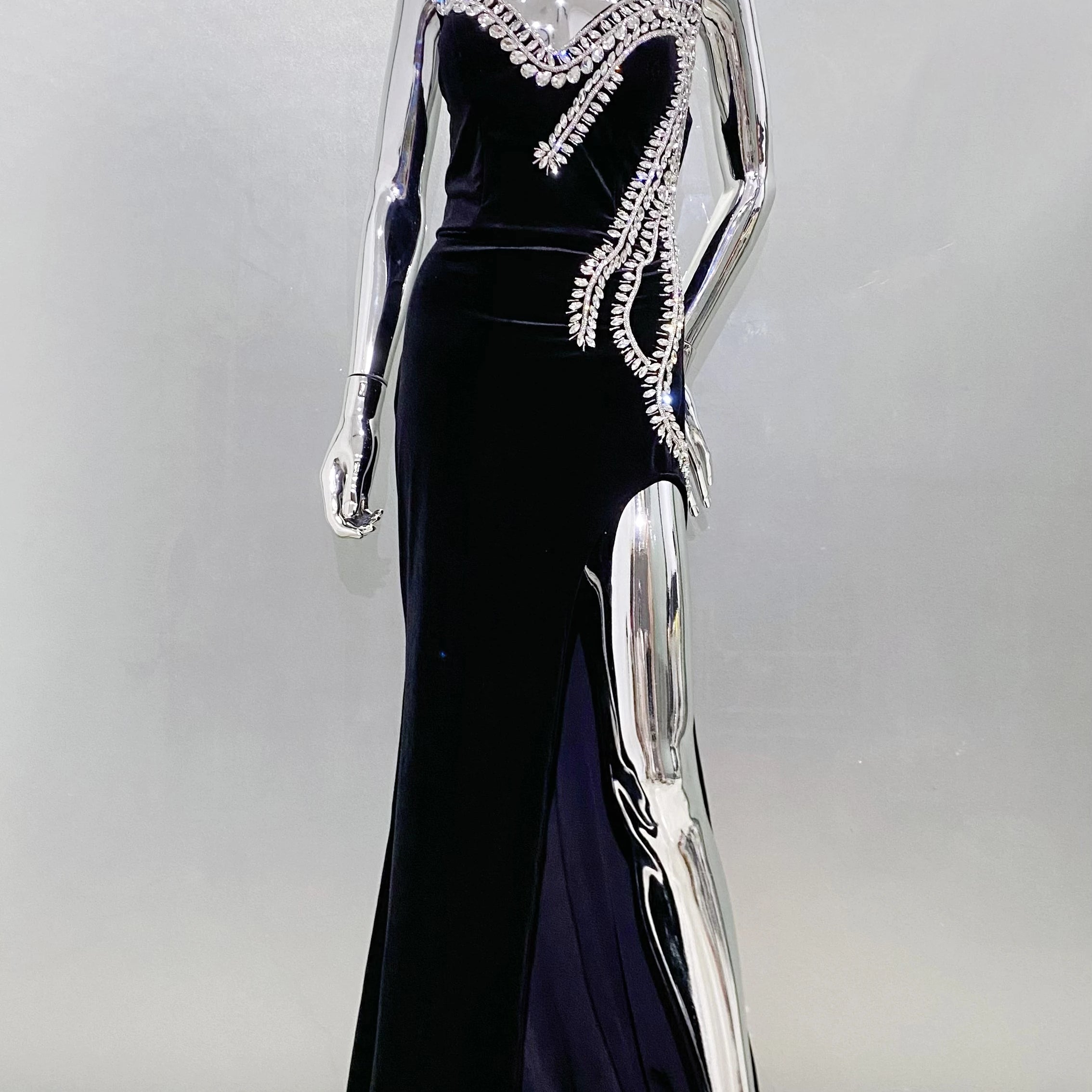 Luxury Stereoscopic Rhinestone Design HIgh Slit Strapless Floor Length Dress Graceful Woman Evening Dress Performance Costume