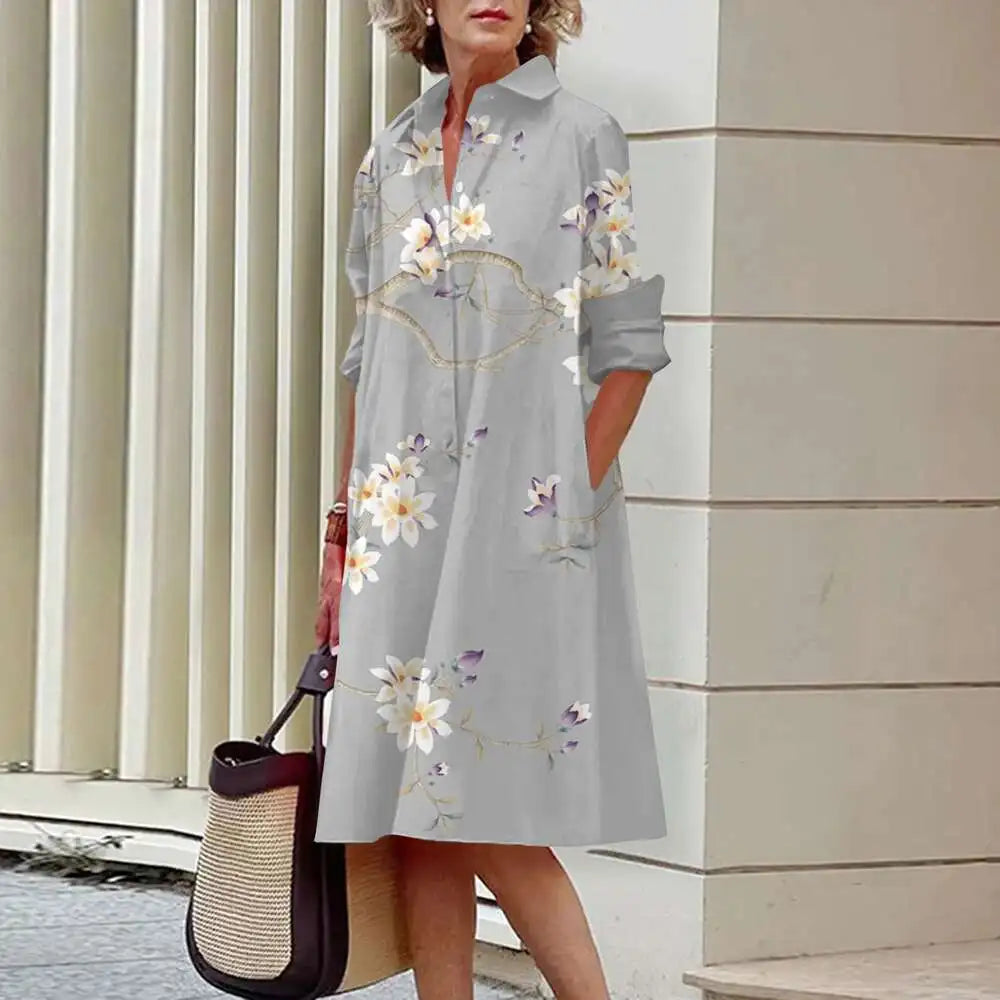 Vestidos de camisa elegantes femininos, moda outono, florais, manga comprida, soltos, linha A, vestidos femininos para escritório, vermelho, verde, lapela