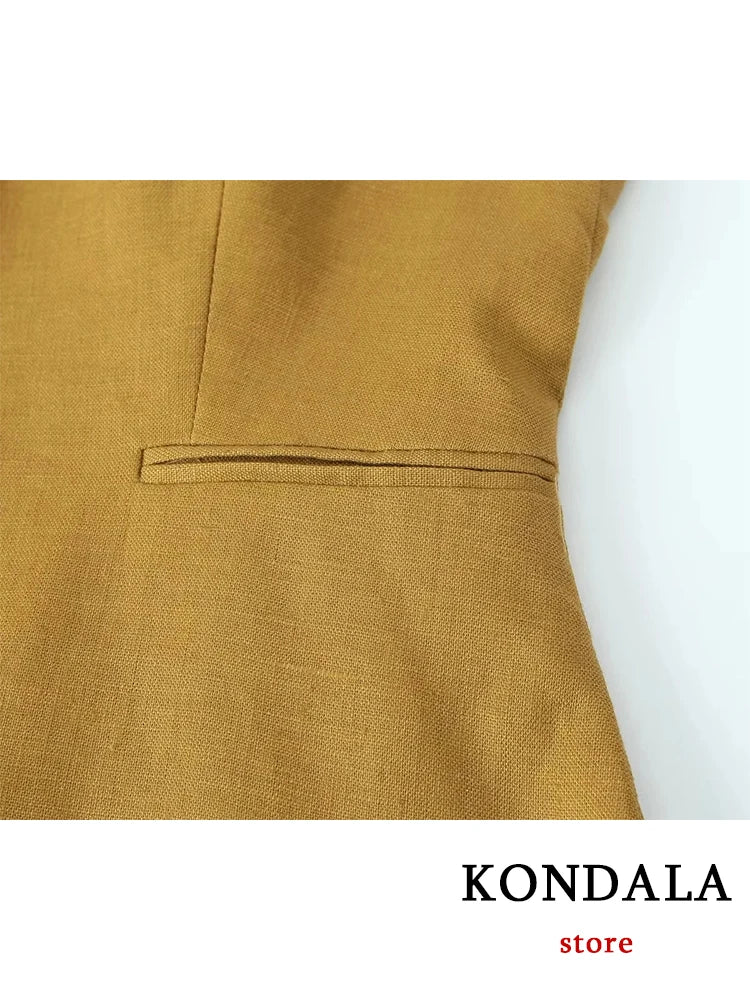 KONDALA Office Lady Linen Brown Suits Women V Neck Single Buttons Vest Blazer+High Waist Wide Leg Pants Fashion Summer Sets