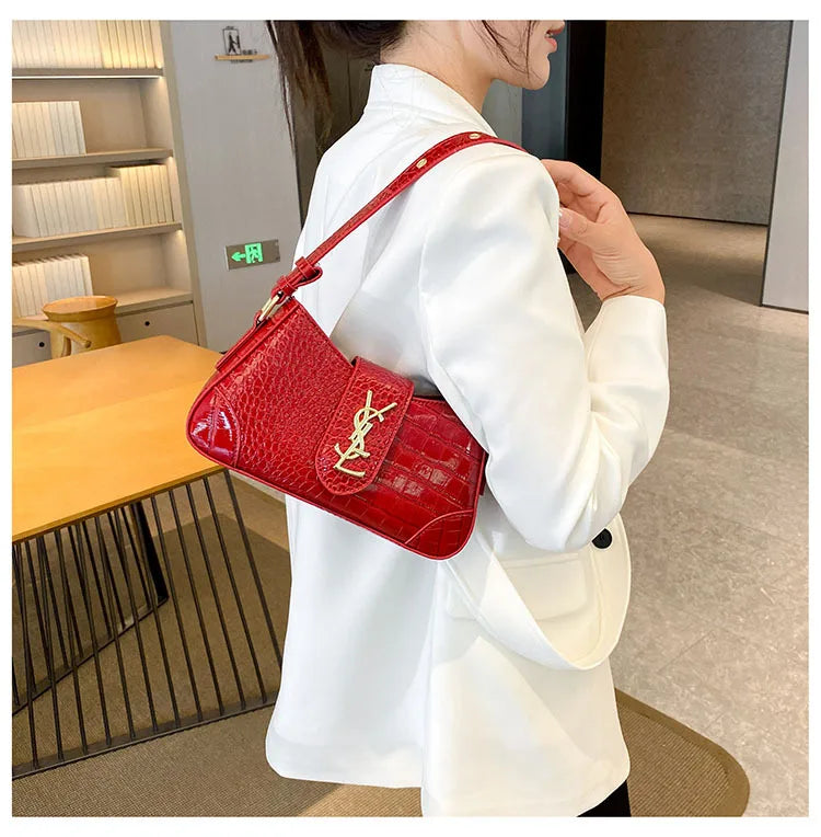 French Style Croc-Effect Handbag 2025 - Elegant Underarm & Crossbody Bag for Women, Versatile Top-Handle Shoulder Purse