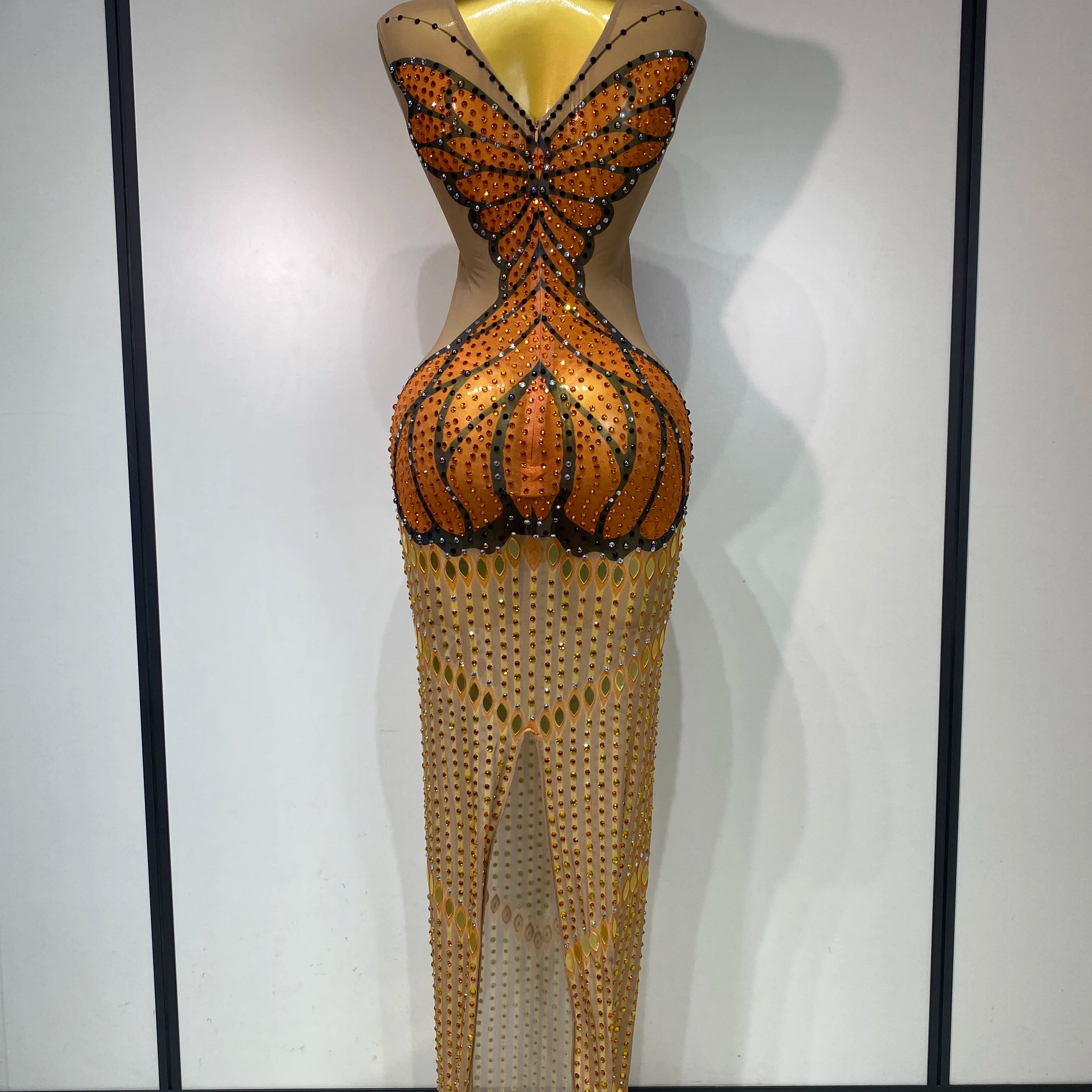 Luxury Rhinestones Mesh Long Dress 2025 Elegant Sexy Sleeveless Birthday Evening Party Gown Performance Singer Stage Outfit