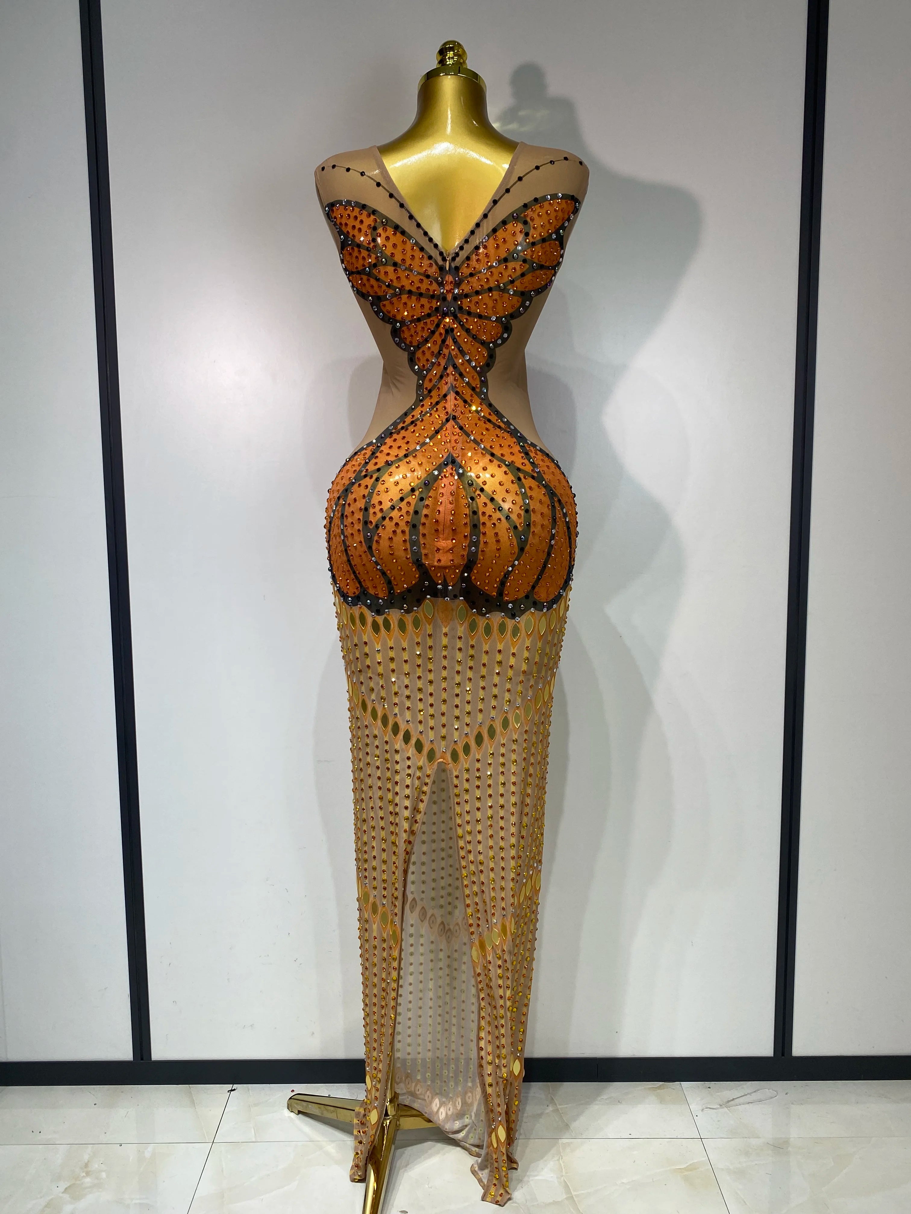 Luxury Rhinestones Mesh Long Dress 2025 Elegant Sexy Sleeveless Birthday Evening Party Gown Performance Singer Stage Outfit