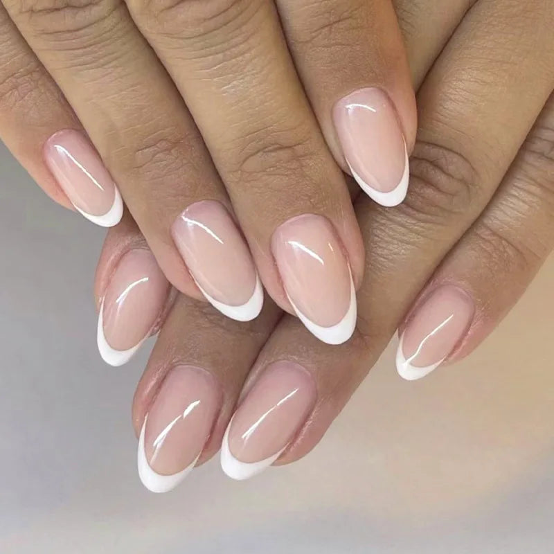 24Pcs Solid Nude Color Fake Nails with Jelly Glue Short Almond Press on False Nails Wearable Oval Finished Full Cover Nail Tips