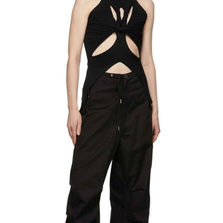 TWOTWINSTYLE Regatas de tricô vazadas e lisas para mulheres, gola alta, sem mangas, ombro de fora, coletes finos, roupas femininas da moda