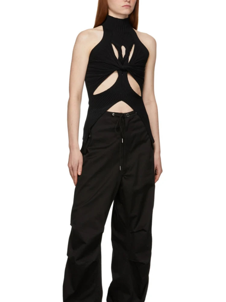 TWOTWINSTYLE Regatas de tricô vazadas e lisas para mulheres, gola alta, sem mangas, ombro de fora, coletes finos, roupas femininas da moda