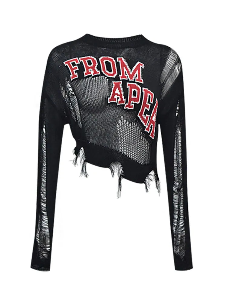 Woman Fall American Vintage Knit Top Baddie Style Cropped O-neck Sweaters Long Sleeve 2000s Irregular Design Pullovers Grunge Black