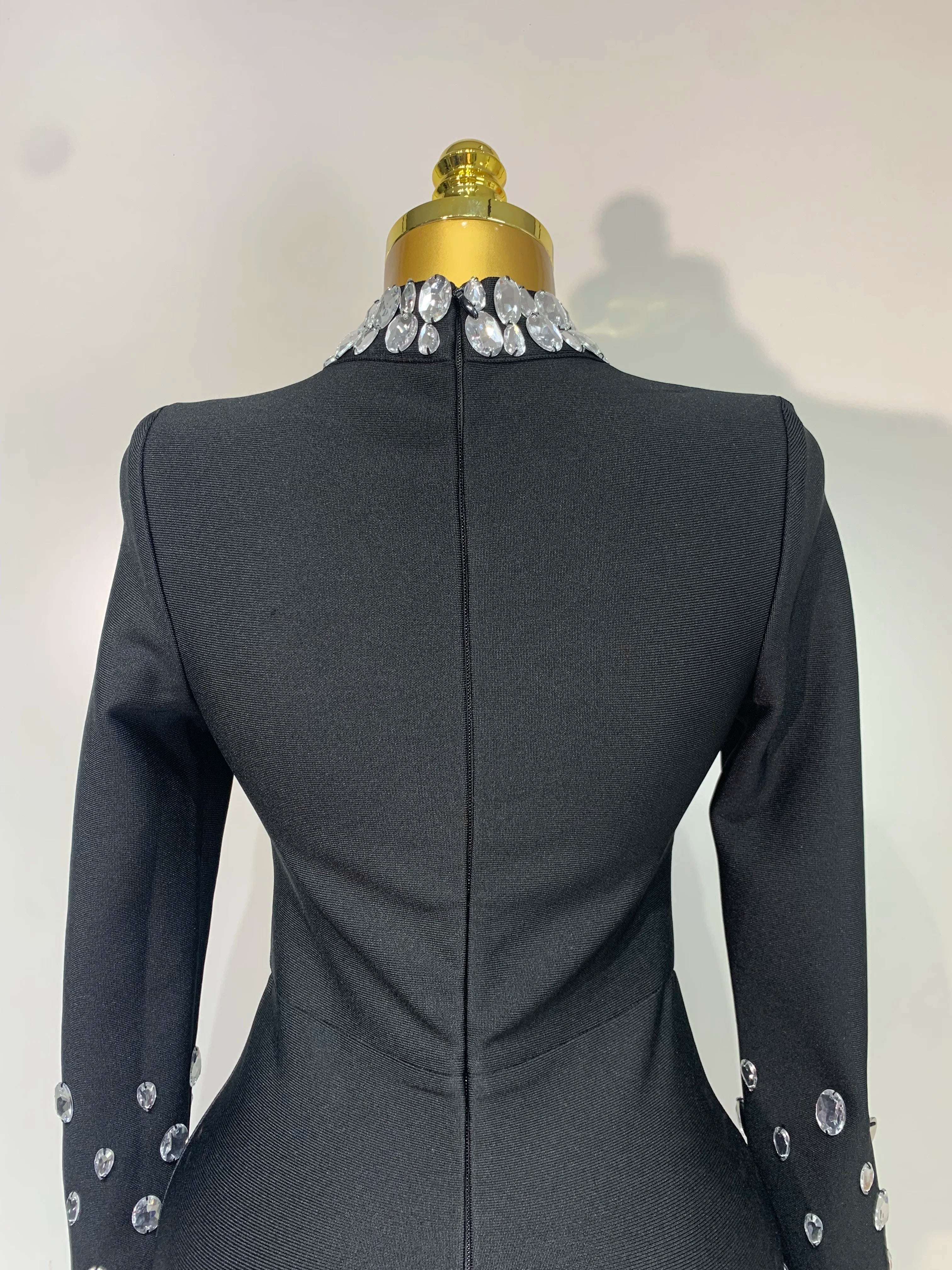 Luxury Birthday Dresses Sparkly Diamond Long Sleeve Black Bodycon Bandage Dress Women Wedding Evening Club Party Prom Gowns