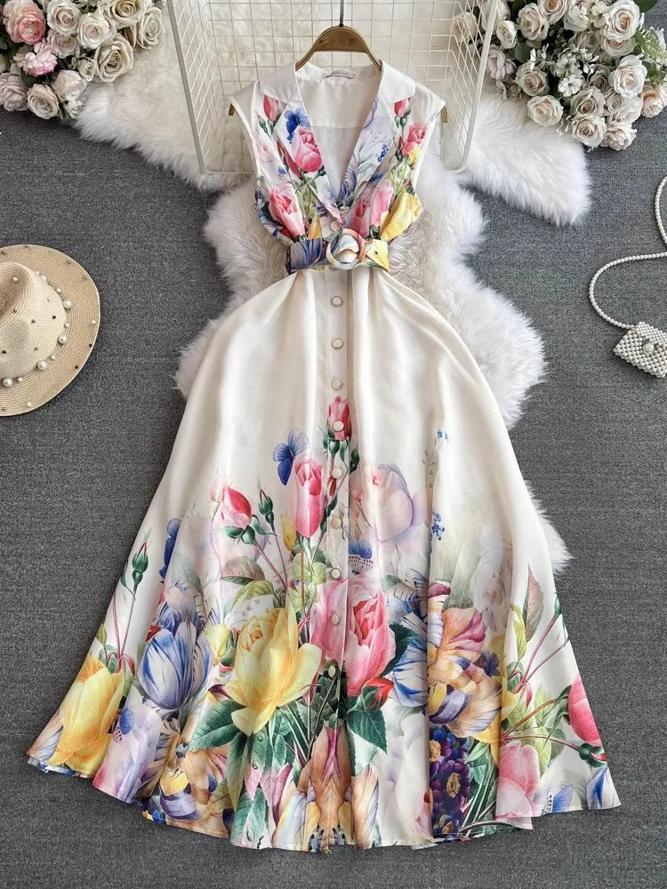 2024 Summer Holiday Beach Dress Women's Notched Collar Sleeveless Single Breasted Floral Print Belt Long Boho Party Vestido 6389