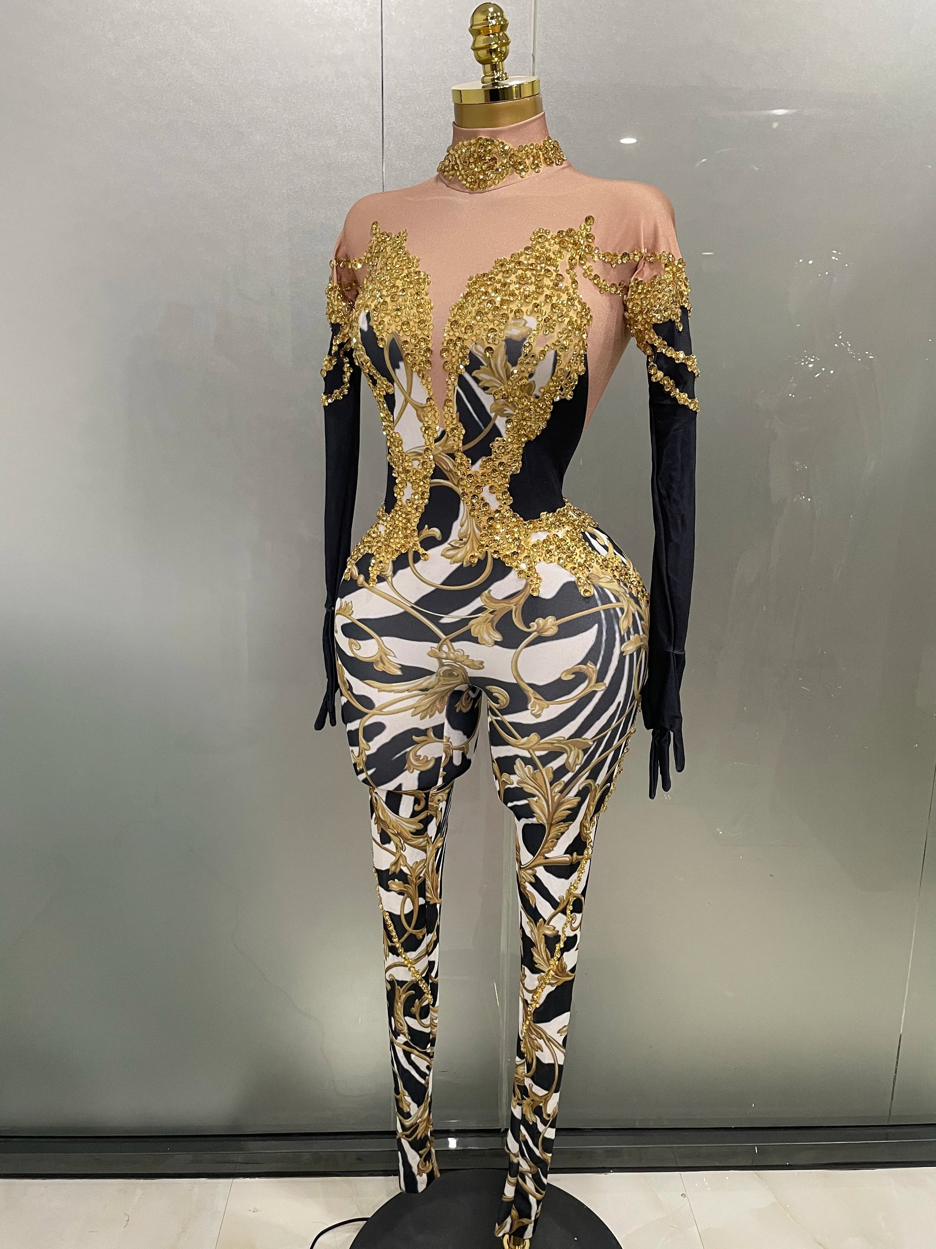 Macacão com strass dourado brilhante e luvas 2025, novo traje feminino sexy estampado para festa, boate, bar, cantora, palco, performance