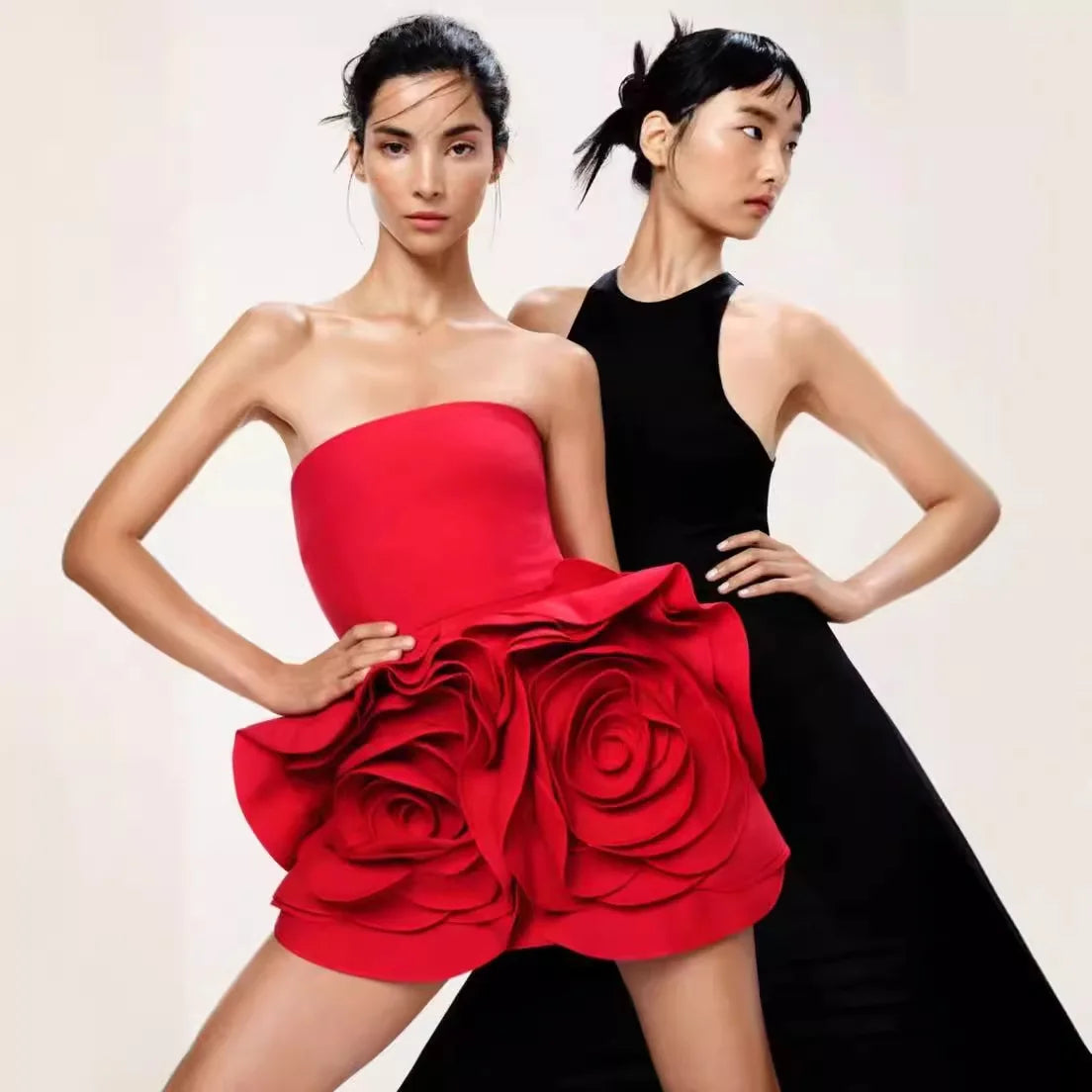 New Stereoscopic Flowers Strapless Red Bandage Mini Evening Dress Fashion Woman Birthday Party Dress Celebrity Party Outfit