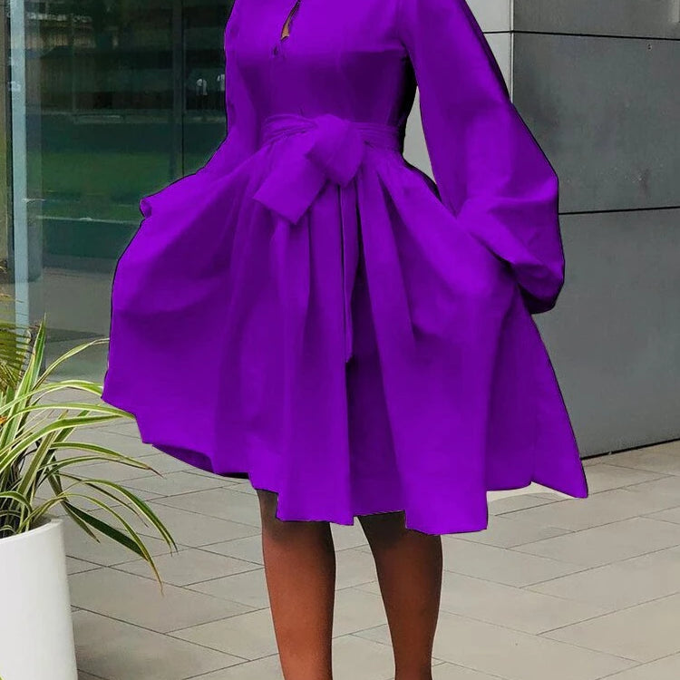 5XL Elegant Women White Yellow Dress Fashion Casual Solid Lantern Long Sleeve African Dress Office Ball Gown Vestidos Plus Size PURPLE