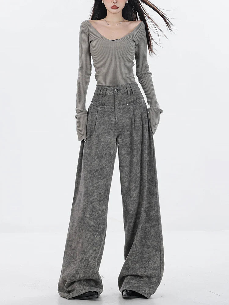 Spring Women's Casual Y2K Grunge Punk Style Denim Trouser American Retro High Waist Straight Jeans Pockets Hip-hop Pants GRAY