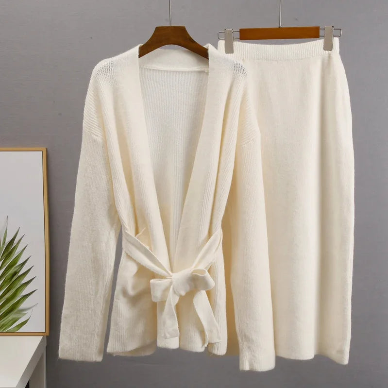 Soft Vintage Lace Up Women Suits 2 Pieces Female Sets with Belt V Neck Cardigan & Midi Dress Ladies Knitted TrackSuit Beige Free Size