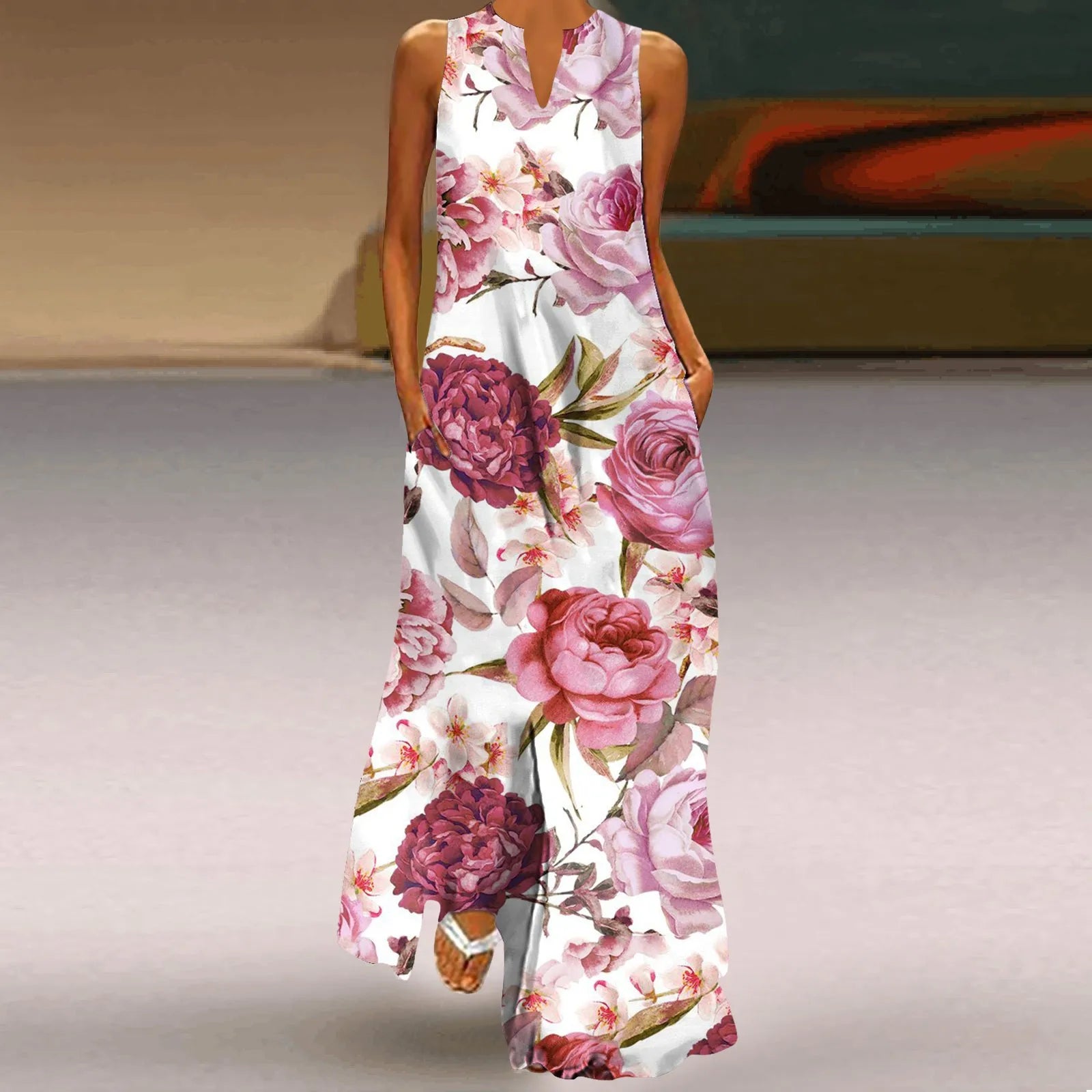 Vestido longo feminino elegante com decote em V, estampa floral fresca, sem mangas, solto, reto, praia, férias, vestido longo