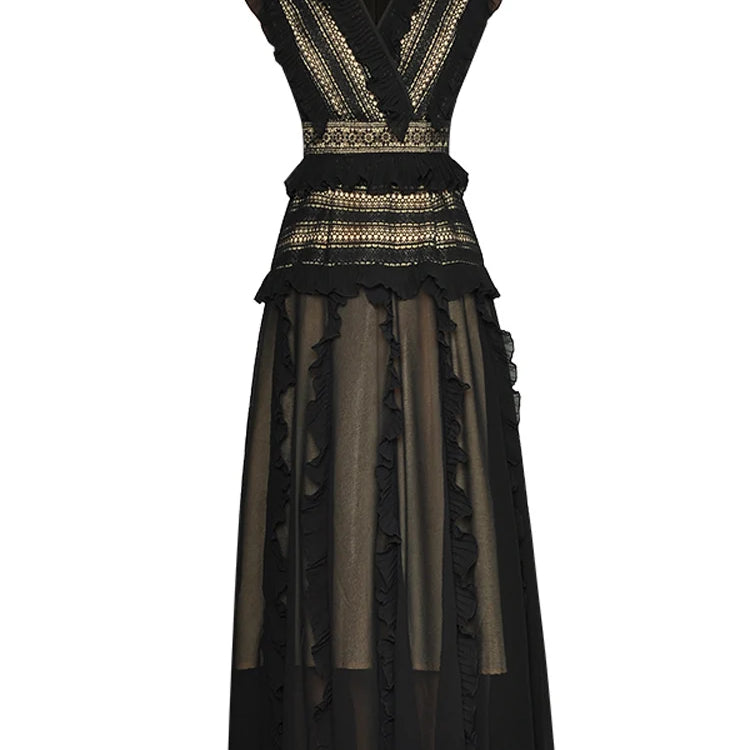 ZJYT 2024 Spring Summer Hollow Patchwork Lace Dresses for Women Elegant Sleeveless Ruffles Midi Black Party Dress Holiday Robe black