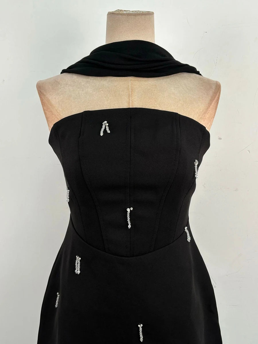 TWOTWINSTYLE Solid Slimming Spliced Bead Elegant Dresses for Women Strapless Sleeveless Temperament Mini Dress Female Fashion