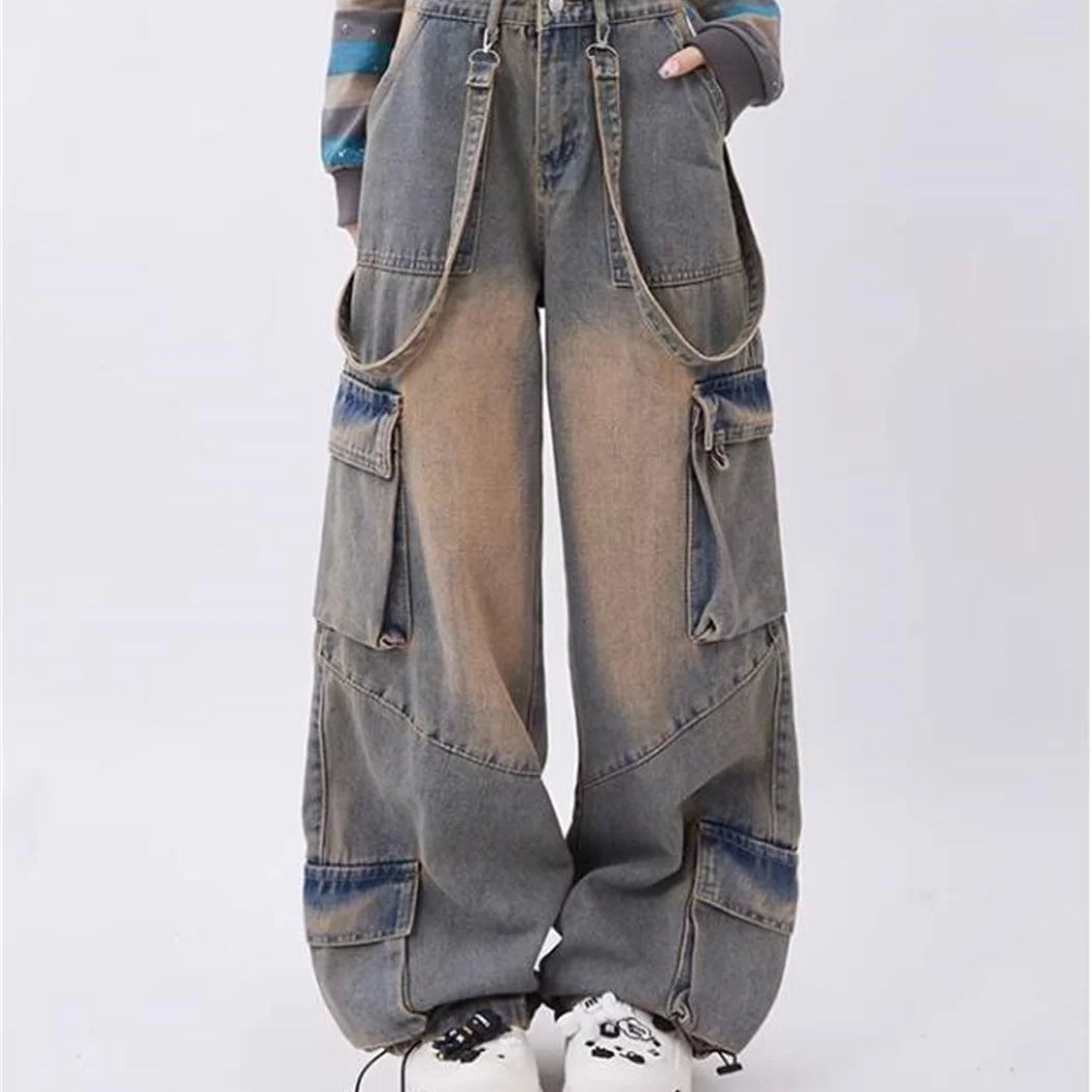 Y2k Cargo Jeans Pants Women Rave Pants Street Oversize Loose Wide-leg Pockets Female Pant Vintage Hip Hop Denim Trousers grey