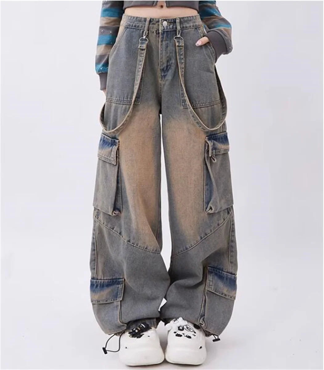 Y2k Cargo Jeans Pants Women Rave Pants Street Oversize Loose Wide-leg Pockets Female Pant Vintage Hip Hop Denim Trousers grey