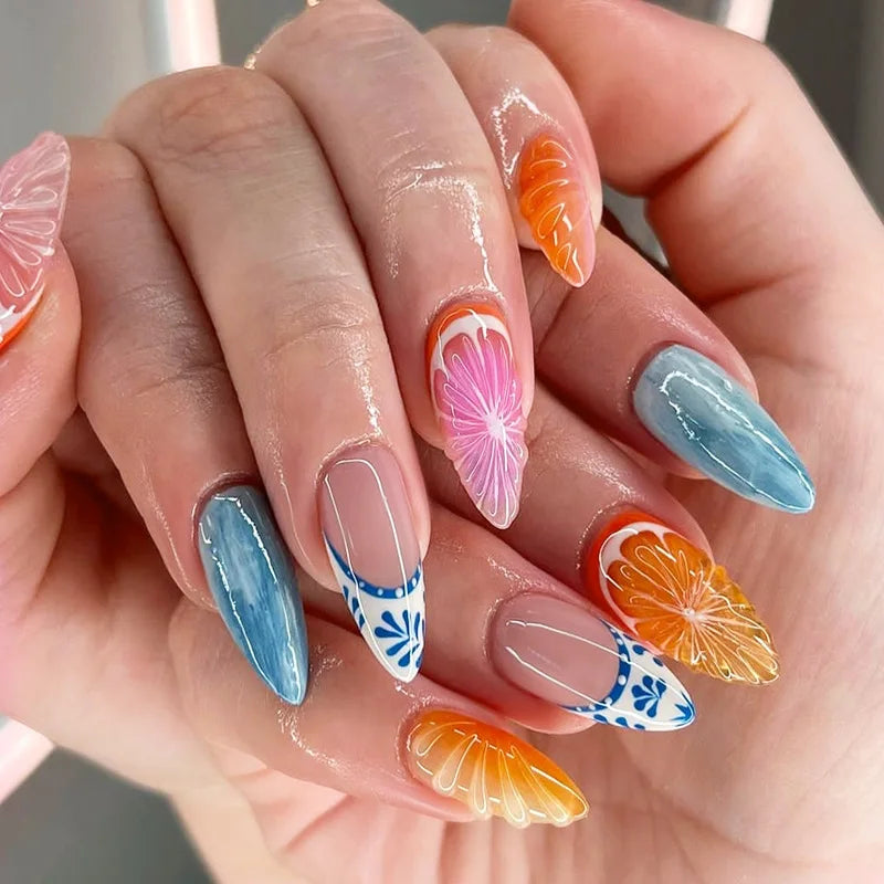 24pcs Fresh Fruit Style Press On Nails Sweet Pink Strawberry Cherry Grape Orange Decors False Nails Ins Korean Almond Fake Nail