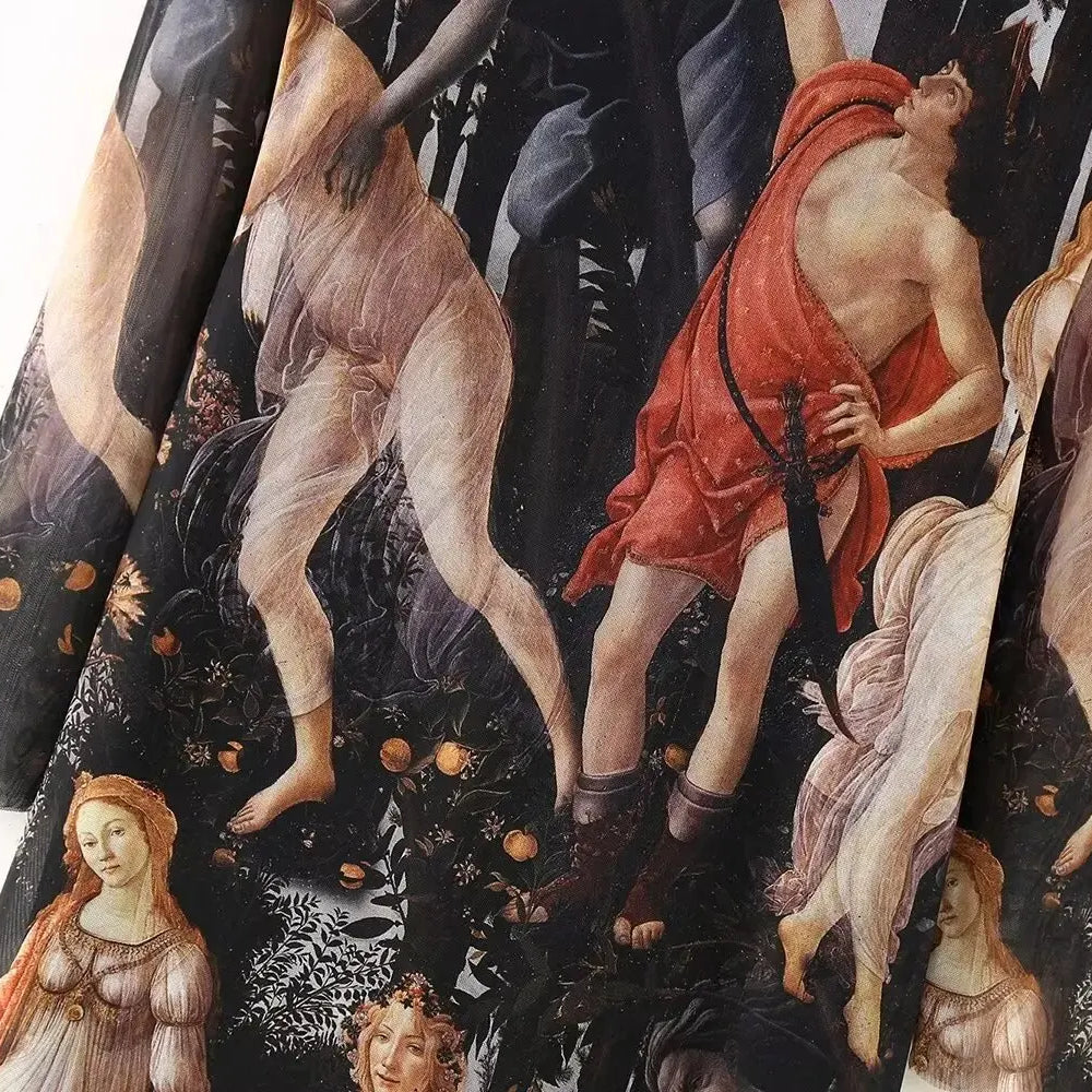 Women Fashion Oil Painting Printing Mesh Slim Midi Dress Female Chic O Neck Long Sleeve Casual Party Vestidos