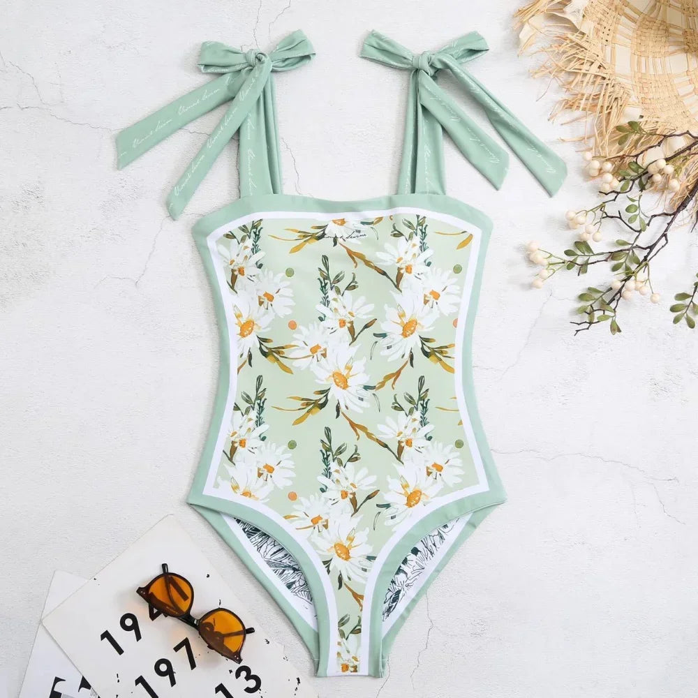 Vintage Printed Double-sided Wear Swimming Bathing Suit Women Bandage Sexy One Piece Swimsuit Beachwear Swimwear Woman