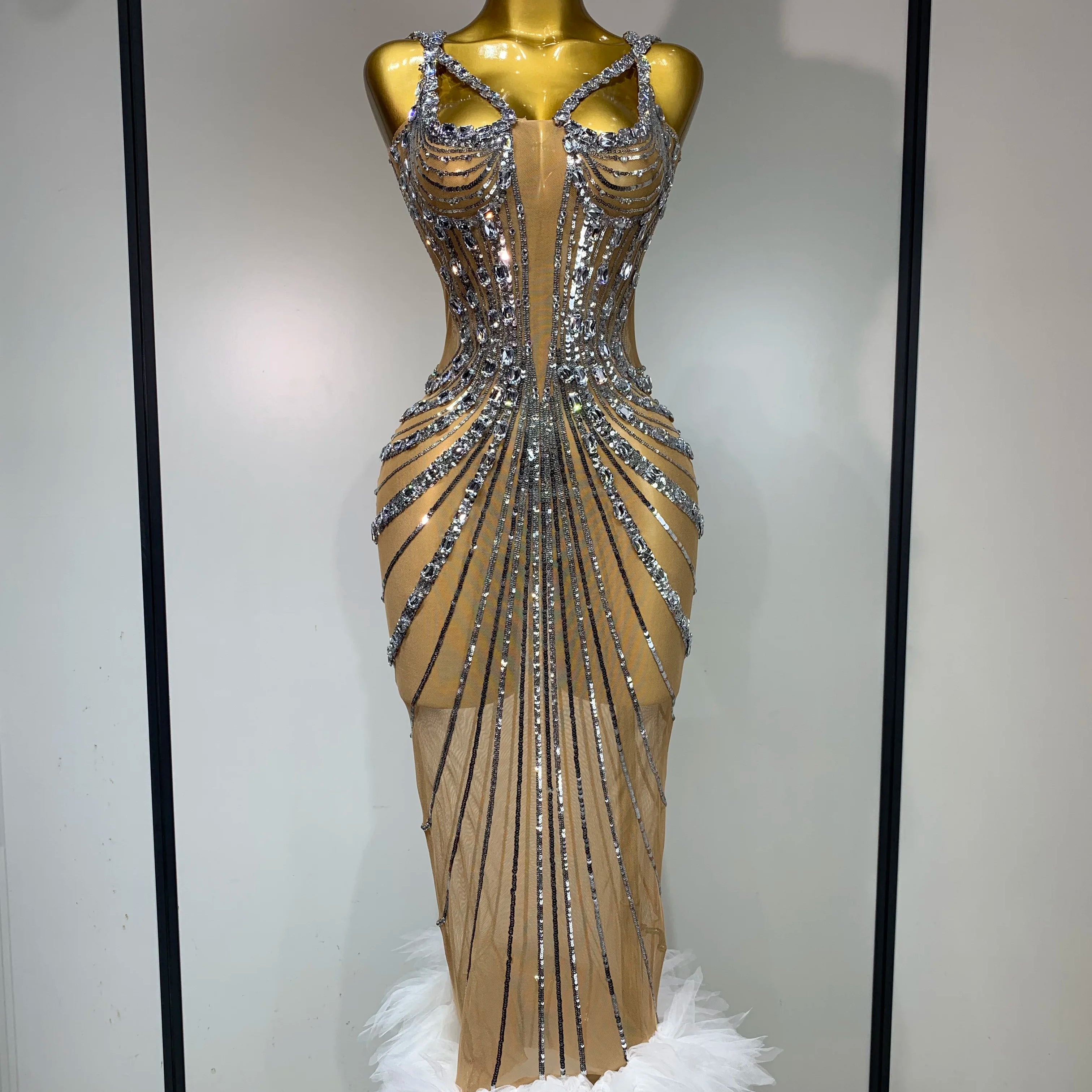 Sexy Silver Rhinestone White Mesh See Through Long Dress Women Luxury Birthday Party Prom Gown Singer Nightclub Stage Outfit