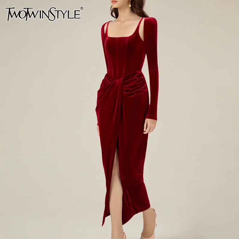 Solid Patchwork Folds Elegant Dresses For Women Square Collar Long Sleeve High Waist Split Slimming Dress Female