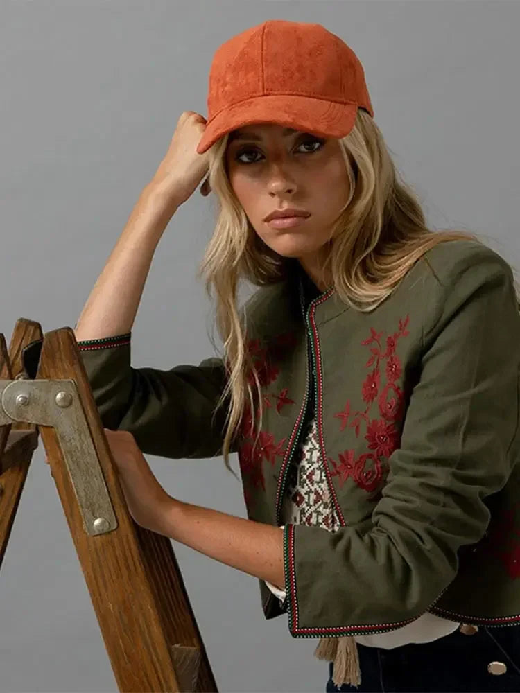 Women Fashion Print Trousers Two-piece Suit Embroidery Long-sleeved Coat High Waist Pants Sets Spring Casual Lady Outfit Top