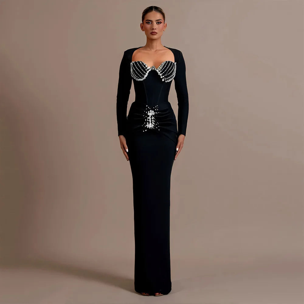 Women Long Sleeve Sqaure Collar Shinning Diamond Bodycon Long Bandage Dress Celebrate Elegant Evening Party Wear