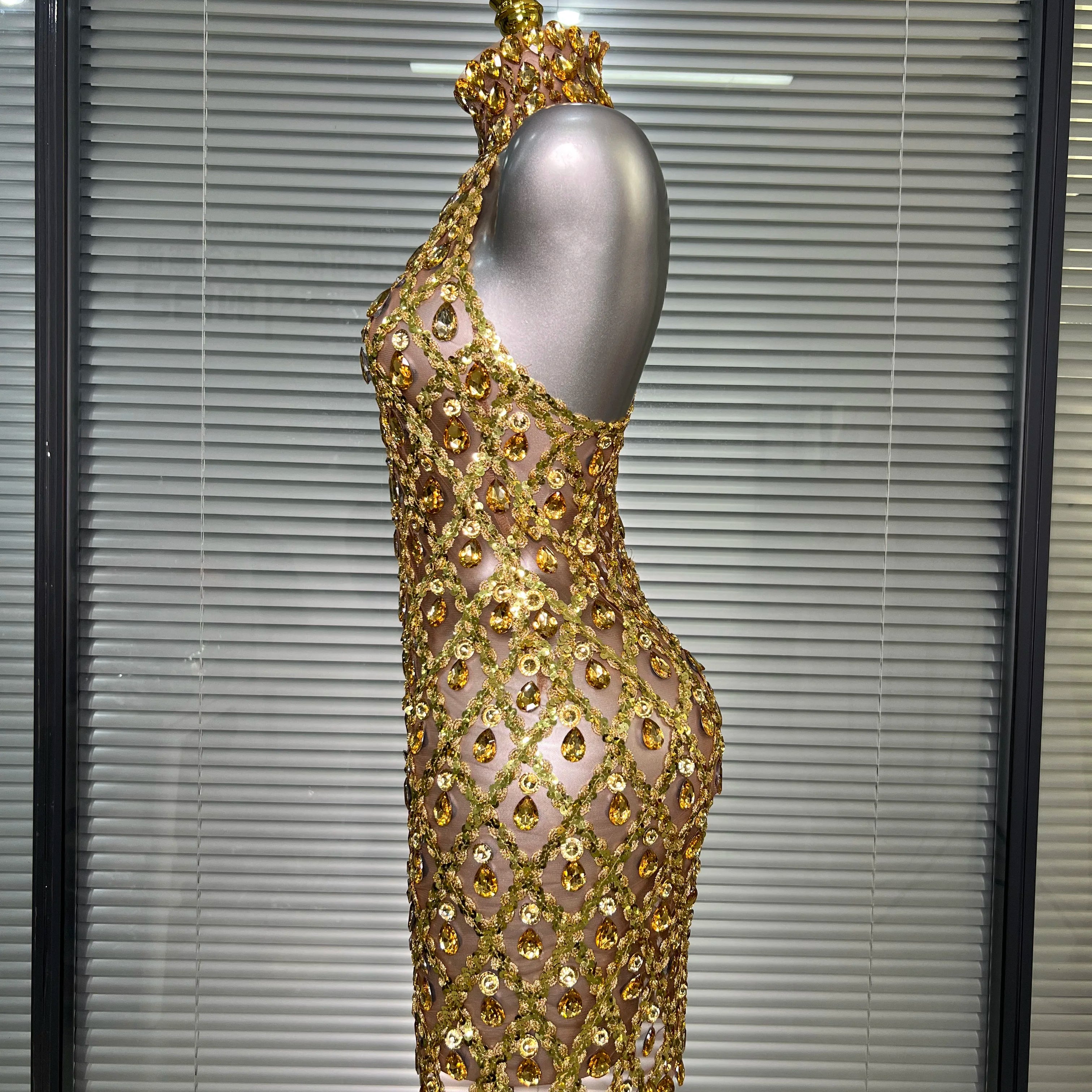 Women Sexy See Through Mesh Gold Costume Stage Dancer Singer Night Club Celebrity Mini Party Dress