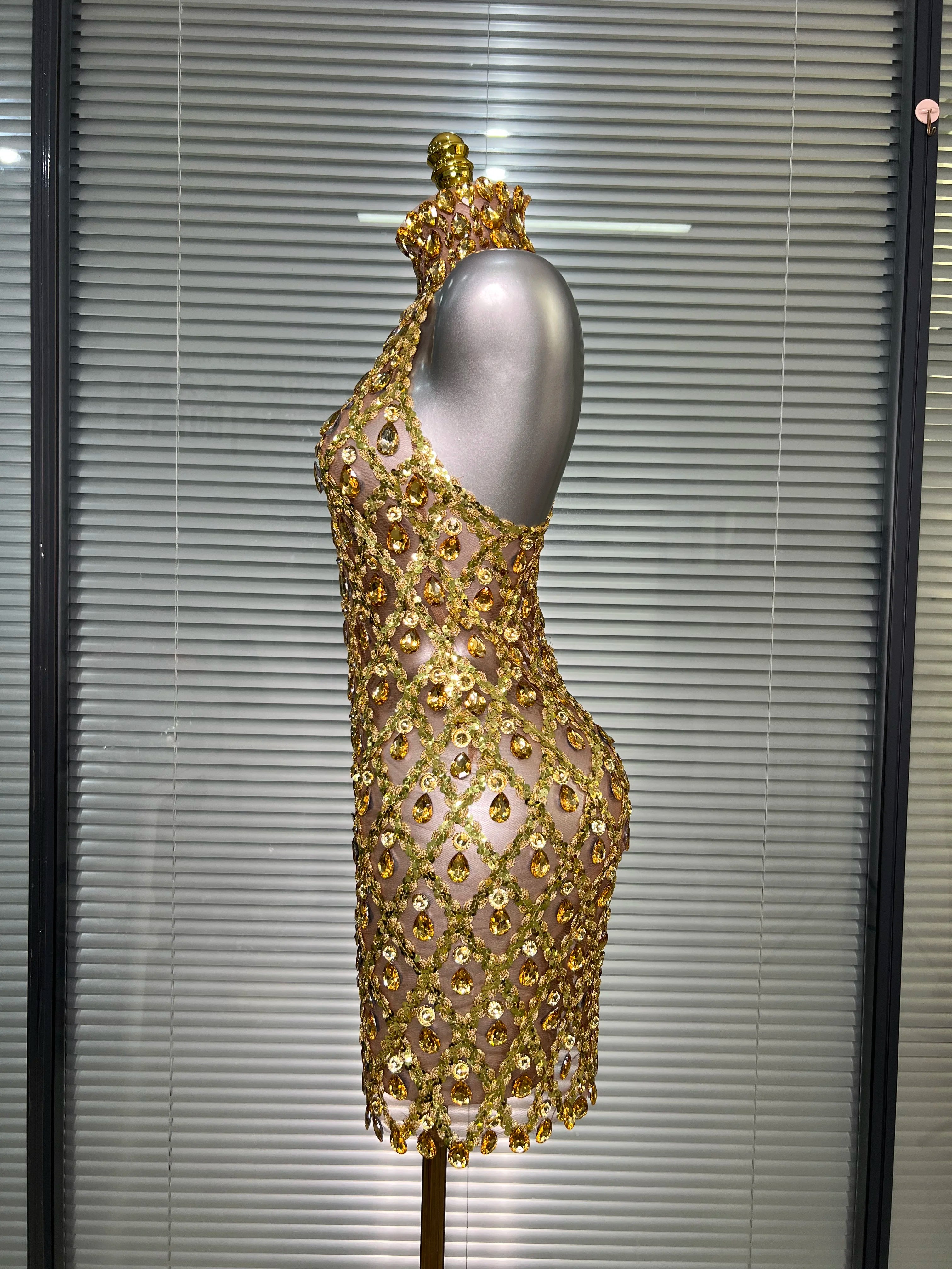 Women Sexy See Through Mesh Gold Costume Stage Dancer Singer Night Club Celebrity Mini Party Dress