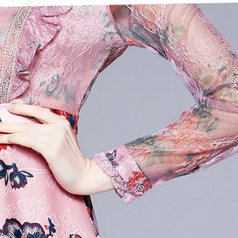 2024 Women's Summer Fashion Retro Print Stand Up Neck Lace Splice Style Bow Slim Fit Long Sleeved Mid Length Version Dress