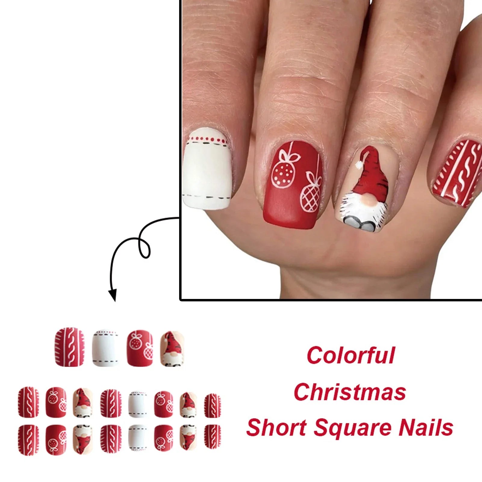 Red/White Short Square Fake Nails 24Pcs Christmas Press On Nails Santas/Candy Printed Full Cover Stick-on False Nails Patches
