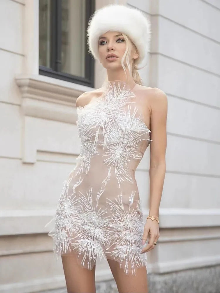 High Quality Women Sexy Off the Shoulder Mesh SeeThrough Bodycon Mini Dress Sequins Nightclub Party Celebrate Dress