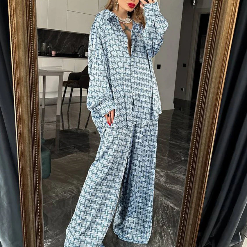 Clacive Fashion Loose Print 2 Piece Sets Women Outfit Elegant Long Sleeve Shirt With High Waist Wide Pants Set Streetwear Blue