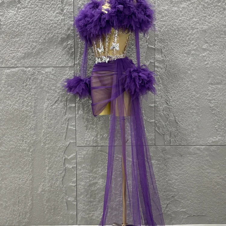 White Purple Women Sexy Mesh Ruffles 2 Pieces Bodycon Mini Dress See Through Celebrate Nightclub Party Bar Singer Stage Wear