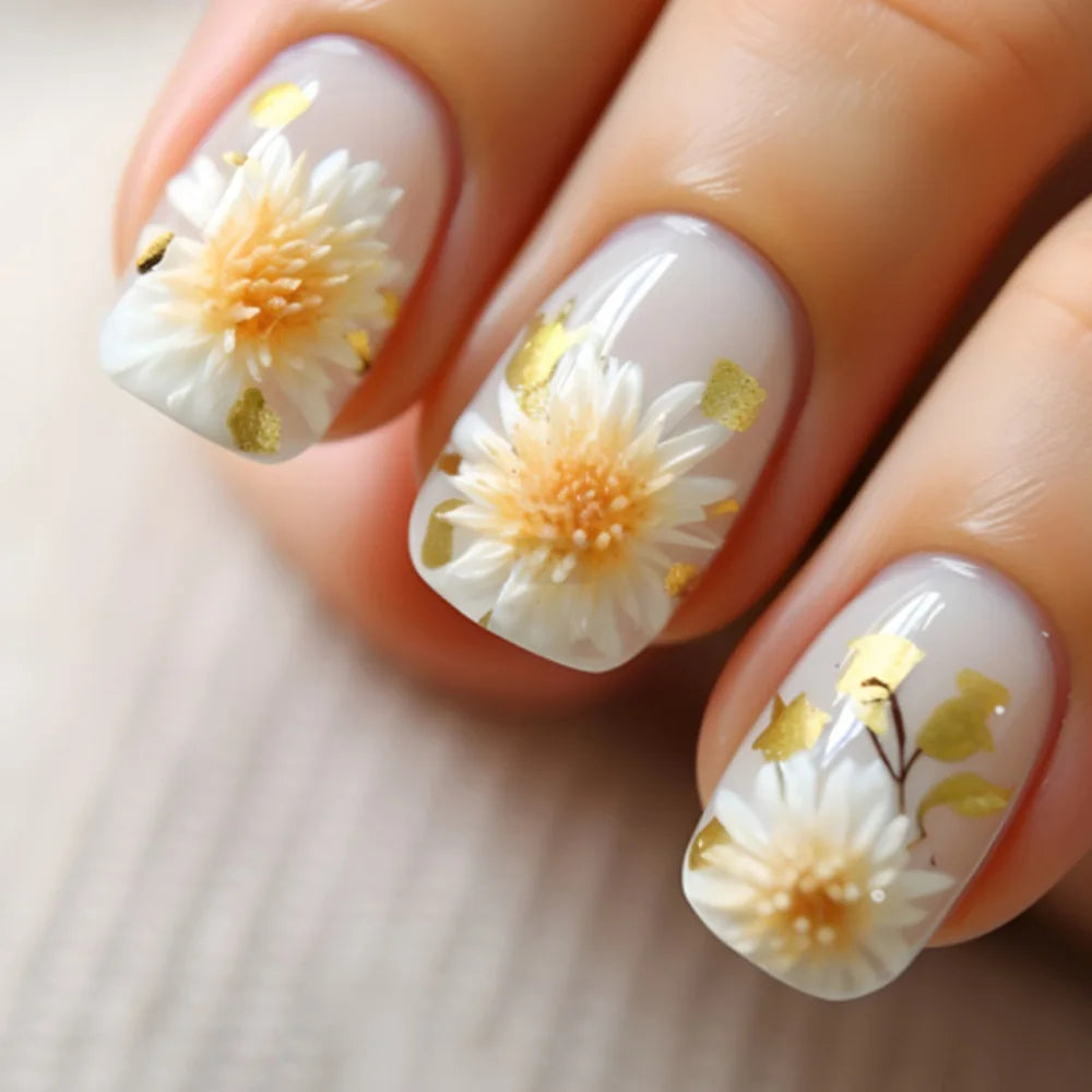 24pcs Flower Full Cover Nail with Pearl Design Mid-length Ballet False Nails Press on Square Fake Nail Tip Wearable Manicure Set