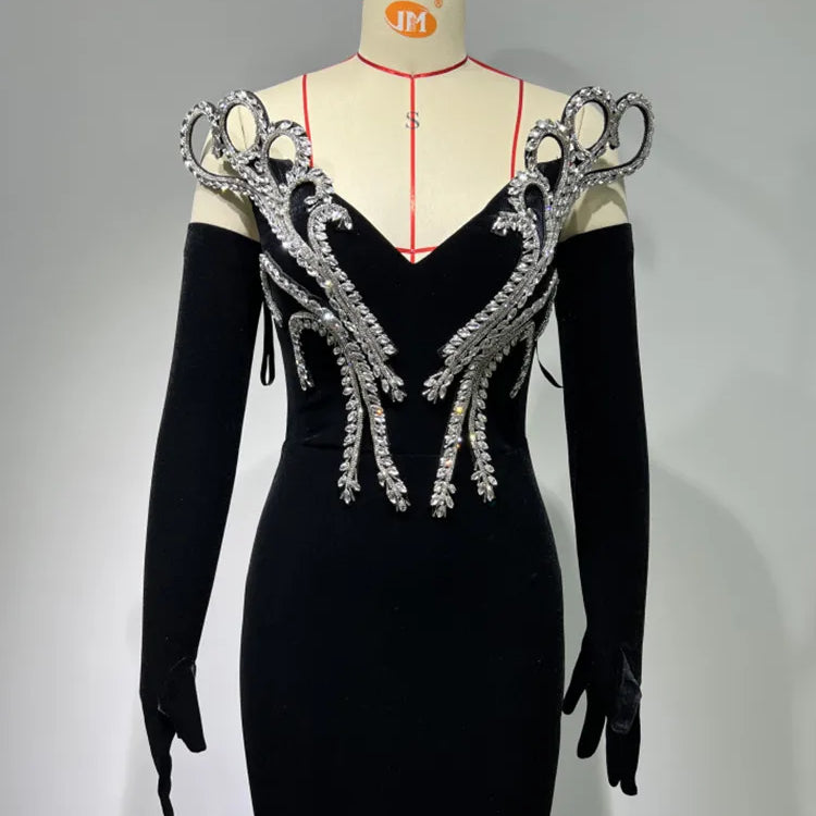 Women Long Sleeve With Gloves Off the Shoulder Floor-Length Dress Elegant Evening Party Prom Dress Vestido