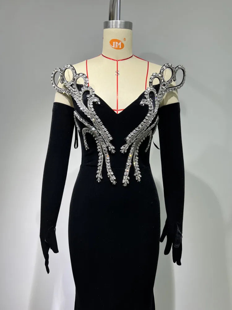 Women Long Sleeve With Gloves Off the Shoulder Floor-Length Dress Elegant Evening Party Prom Dress Vestido