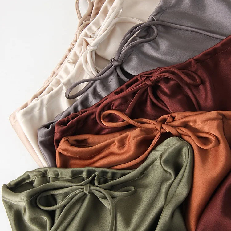 Streamgirl A Line Long Satin Skirts For Women Black Elegant High Waist Maxi Beige Skirts Silk Lace Up Long Skirt Women