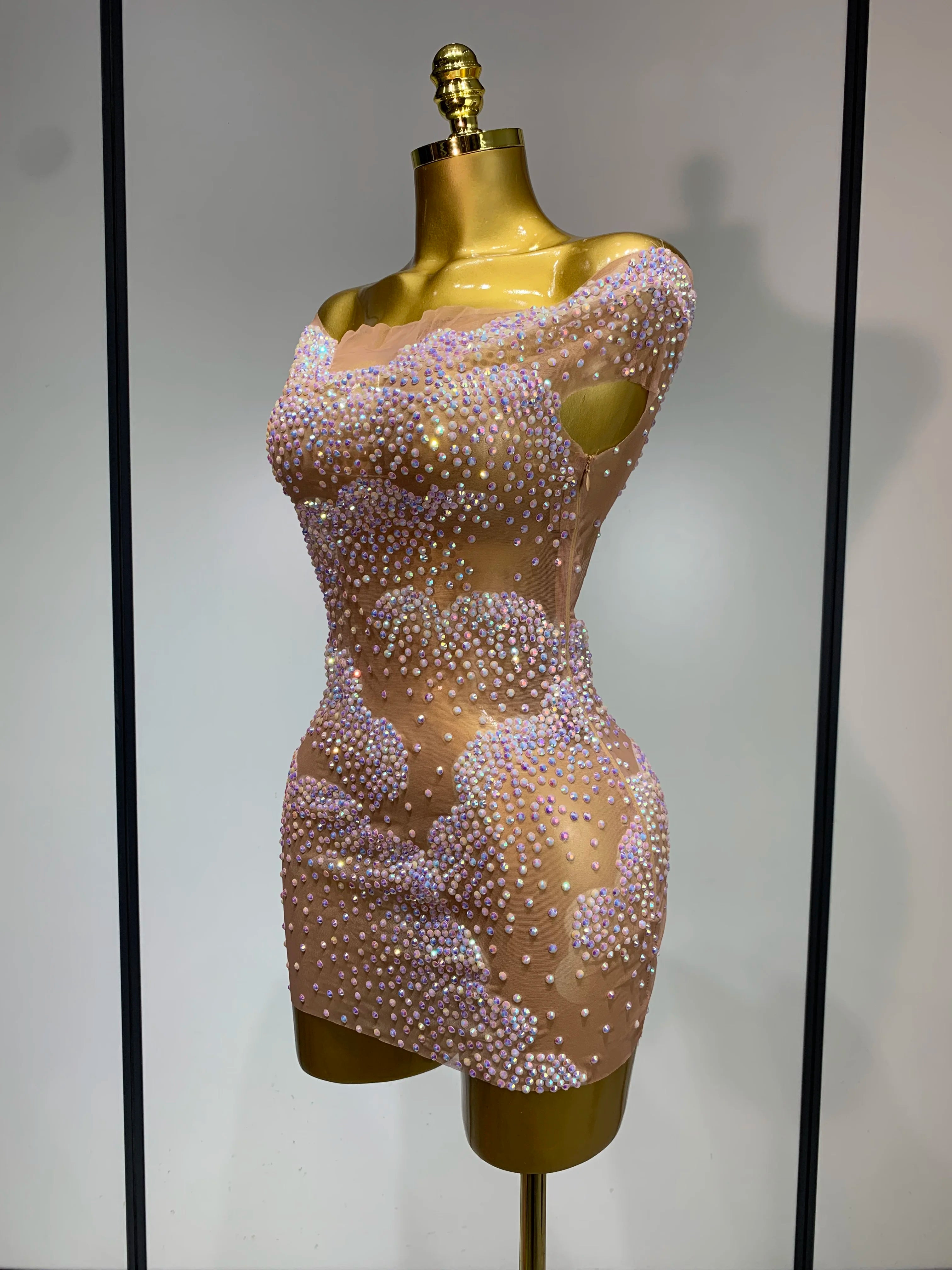 Women Sexy Mesh See Through Mini Dress Celebrate Birthday Evening Party Dress Luxury Rhinestones Stage Performance  Costume