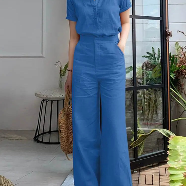ZANZEA Summer Fashion Suit Lapel Short Sleeve Shirt Wide Leg Pants 2pcs Woman Vintage Office OL Matching Sets Casual Tracksuits Blue