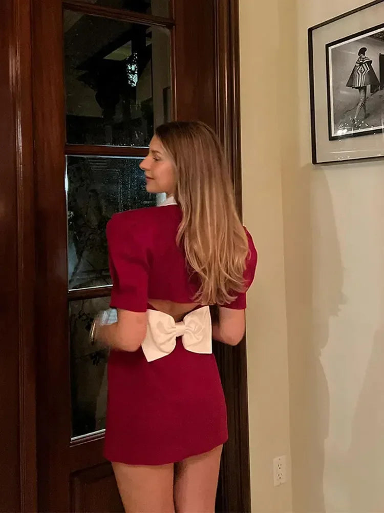 Sexy V Neck Puff Sleeve Back Bow Mini Dress Women Fashion Button Decor Slim Fit Dresses Elegant Female Banquet Vestidos