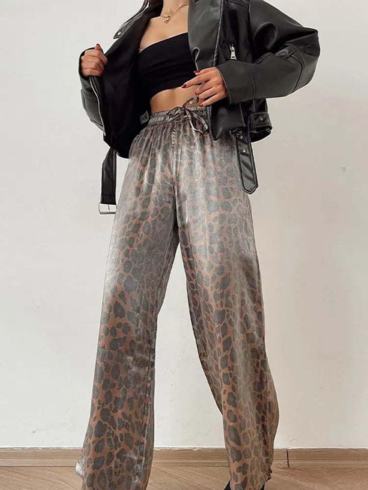 Fashion Leopard Print Wide Leg Pants Women Chic Glitter High Waist Elastic Lace Up Loose Long Pants Casual High Street Wear Pants A