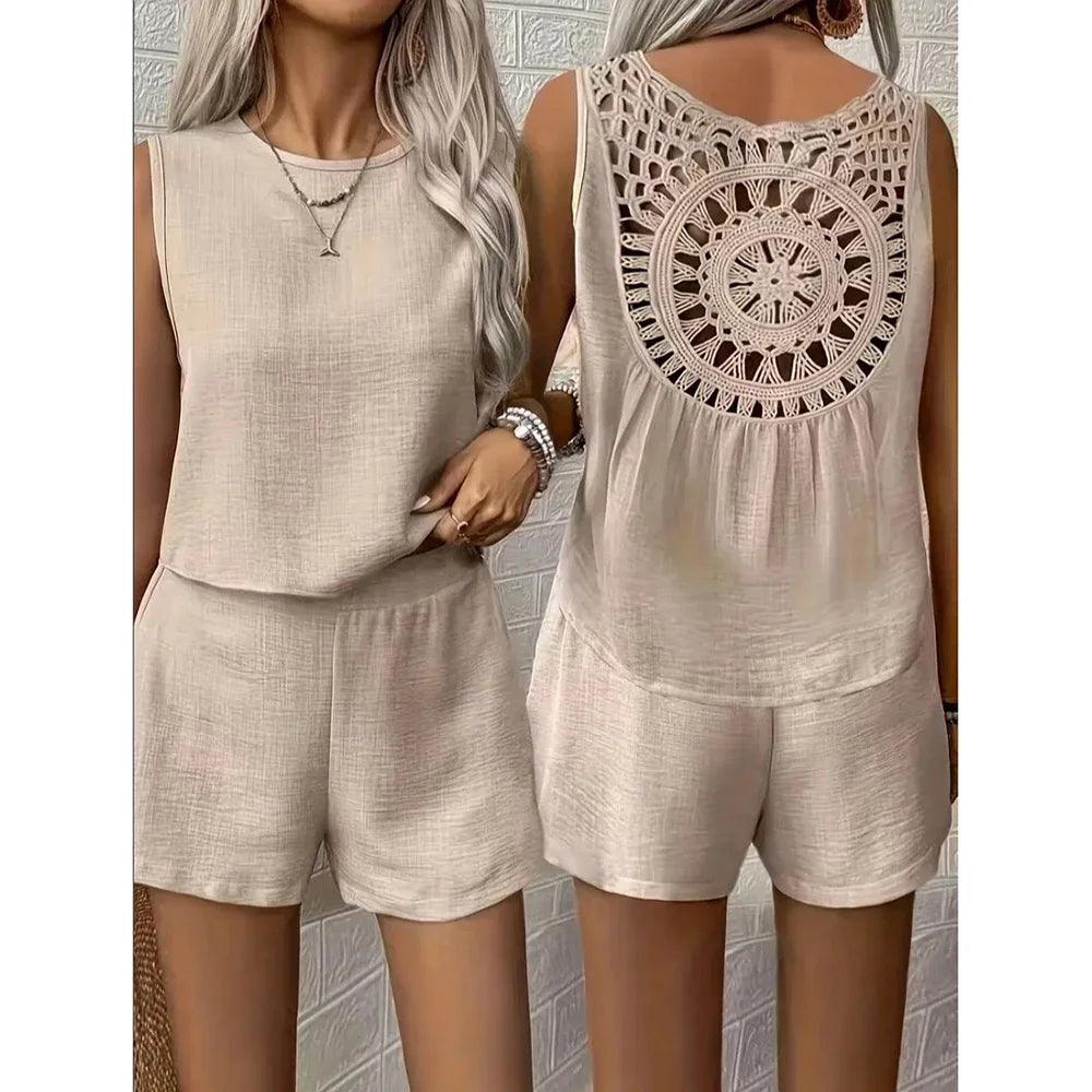Women’s Plus Size Linen Sets Hollow Out Back Round Neck Sleeveless Vest And Shorts 2-Piece Set Summer Female Daily Vacation Sets