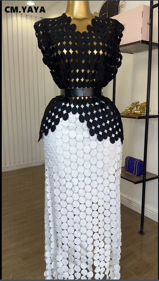 CM.YAYA Women Cutout O-neck Crop Top and Bodycon Midi Slim Maxi Long Skirt Suit 2025 Summer Vacation Sexy Two 2Piece Set Outfits