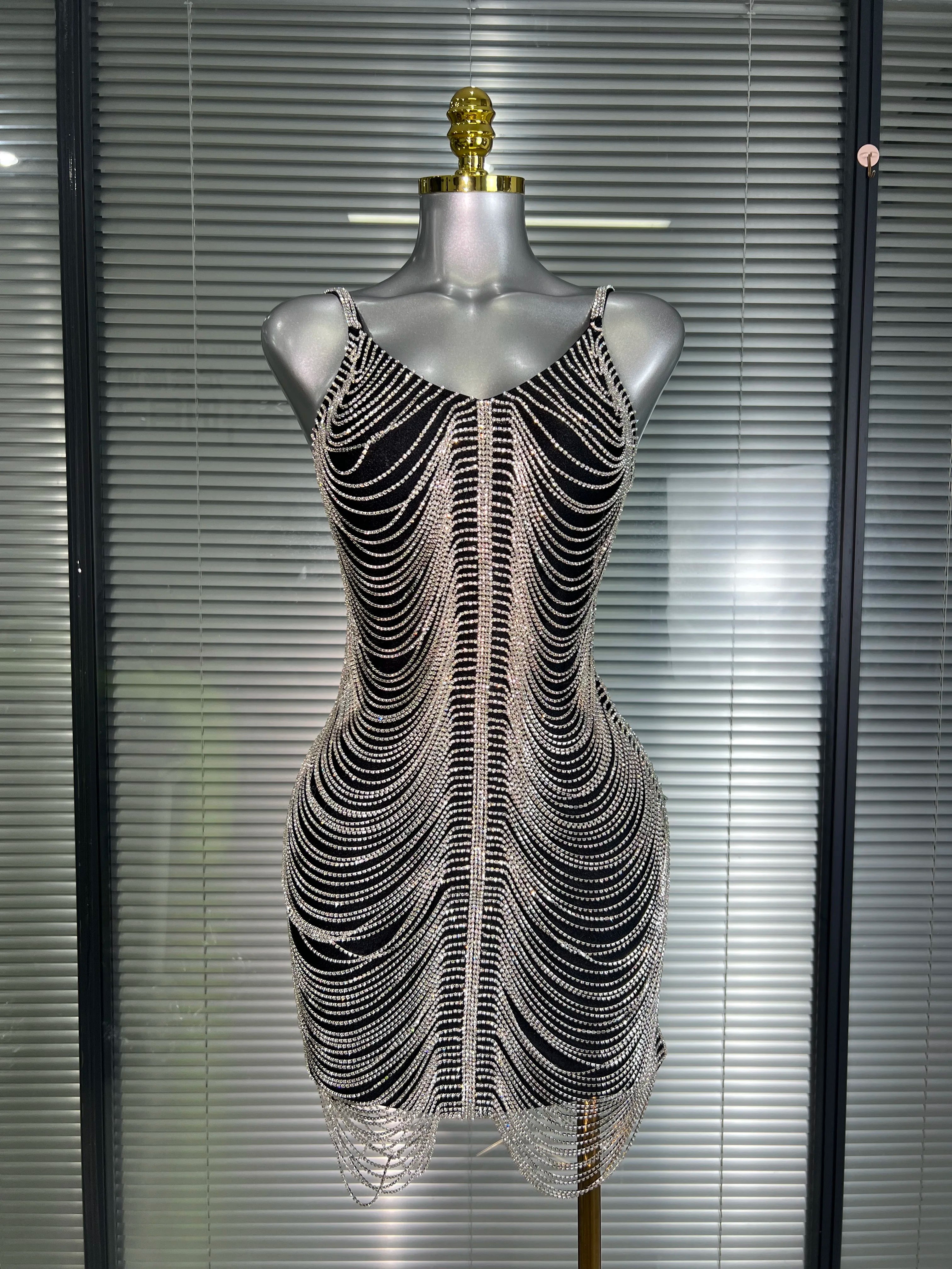 Ins Celebrity New Women Sexy Khaki Crystal Shining Mini Dress Stage Costume Dancer Singer Night Club Sparkly Party Dress