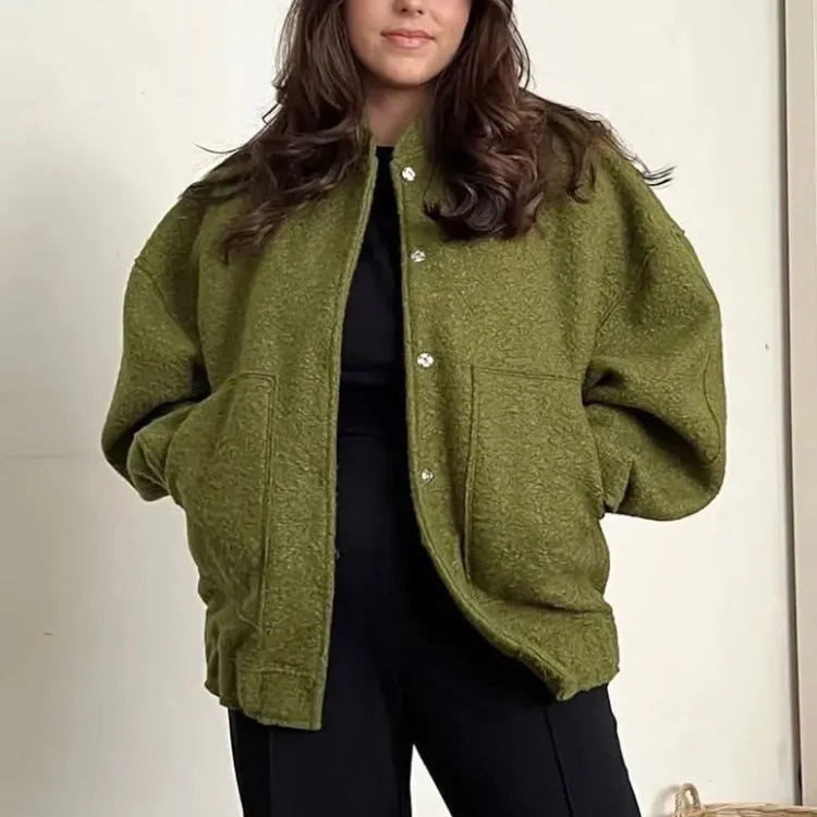 Women Elegant Solid Coat Button Long Sleeve Pocket Bomber Jacket Autumn Winter Female Casual Loose Streetwear Coats