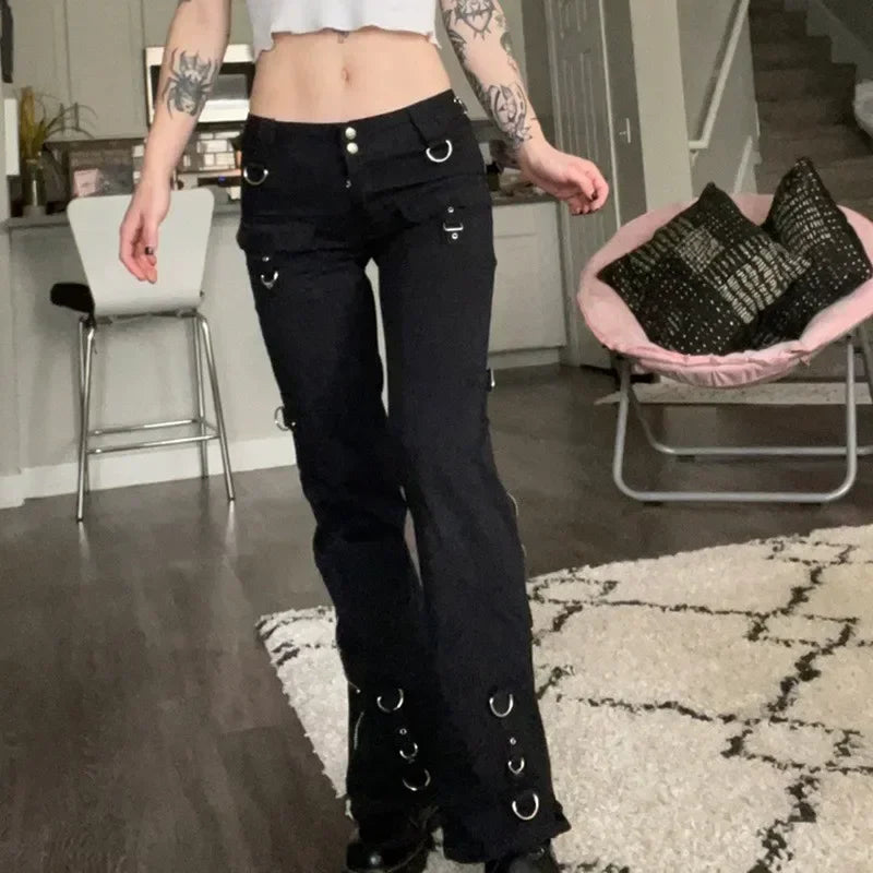 Autumn Trousers Flare Jeans European and American Cool Low-waist Zipper Straight Slim Jeans Cargo Pants Women